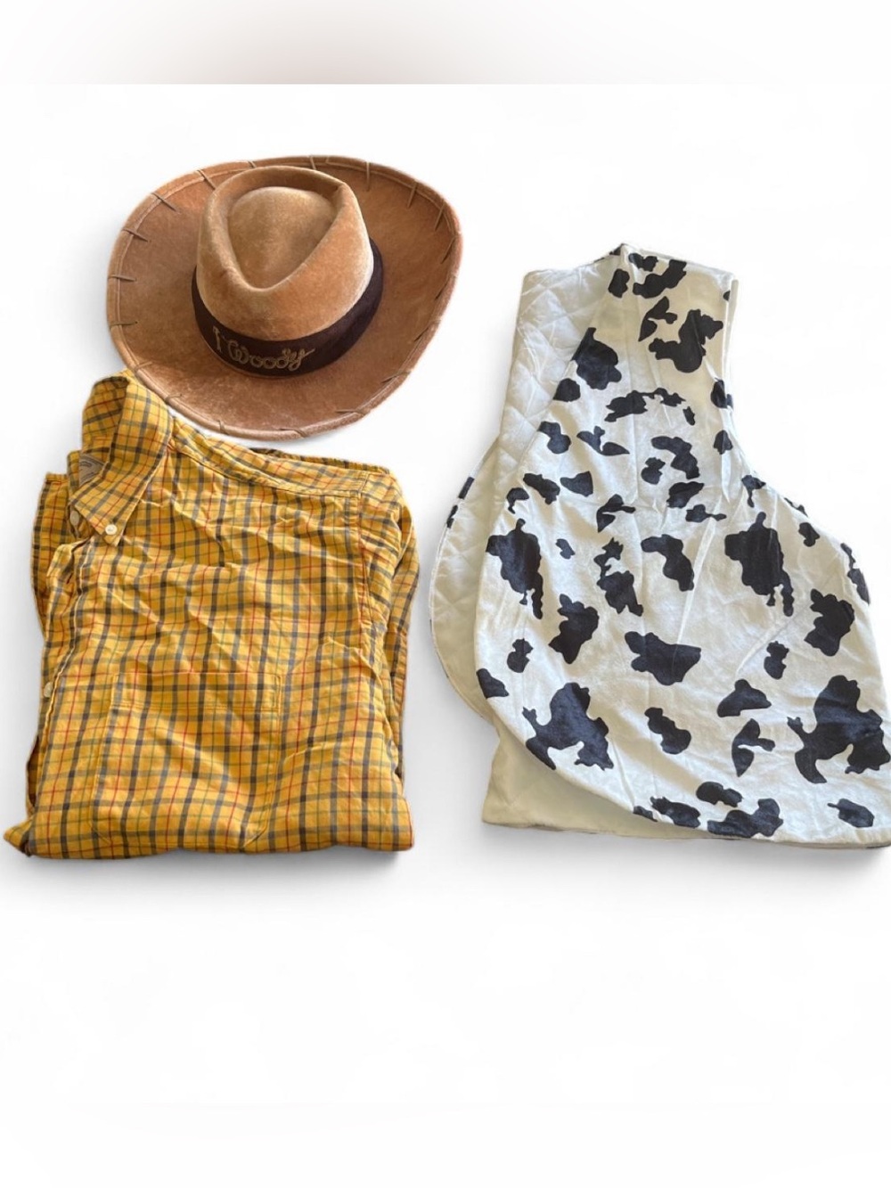 Woody Inspired Cowboy Costume Bundle – Shirt, Cow Print Vest & Hat – Adult
